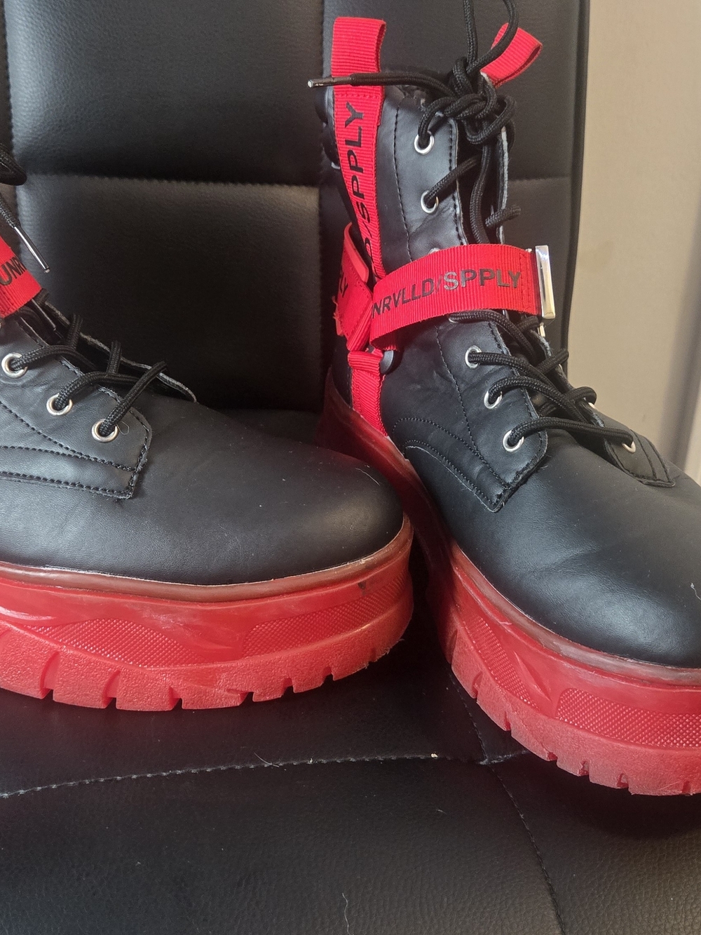 ASOS - Black Platform Combat Boots with Red Soles and Red Strap Accent LIKE NEW*